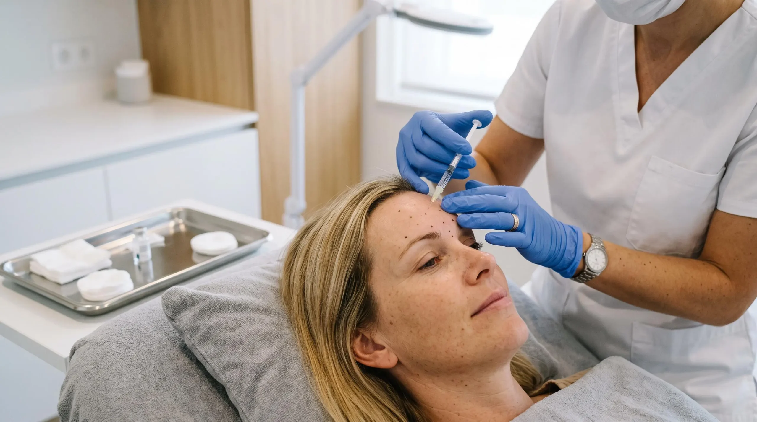 Een arts bereidt een injectie met een spuit voor op het gelaat van een liggende patiënt in een klinische behandelkamer.