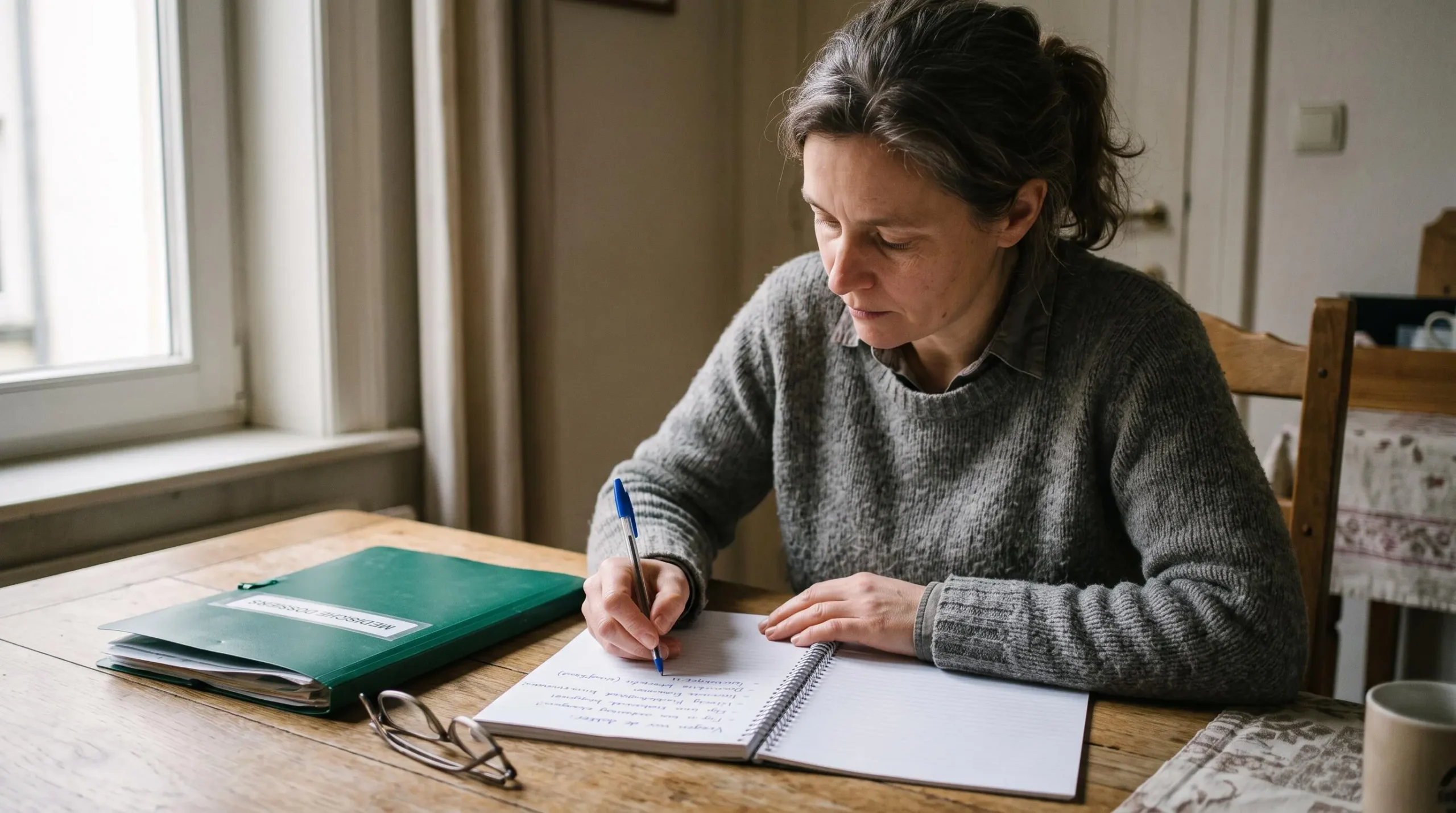 Een vrouw bereidt zich thuis voor op haar eerste consult door een lijst met vragen te schrijven naast haar medische documenten.